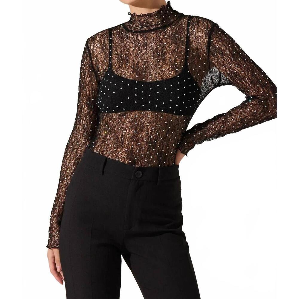 NEW ASTR kyra rhinestone lace top in black